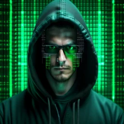 Cybersec wizard using glasses with matrix backgroud