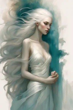 An Enigmatic Woman, Waist-Up View, Back Adorned With Translucent Fabric, Skin Touched With Teal Shimmer, Ethereal Light Glowing, Long White Hair Cascading To Her Shoulders, Artwork By Anne Bachelier, Michael Shapcott, Marc Simonetti, Gracious Face, Charming Eyes, Alex Maleev, Intricate Details, Backlit