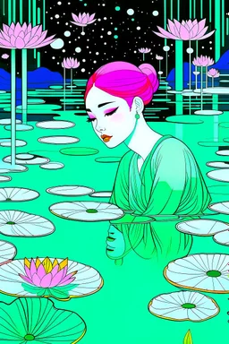 A green-haired woman with a peaceful expression lies at the bottom of the pool, with lotus flowers floating on the water, one big moon in the background, reflection, minimalist, animated artistic style, loose strokes, dynamic lighting, digital art, art by james jean, takato yamamoto, inkpunk minimalism