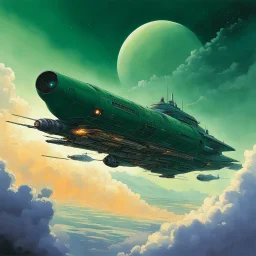 [art by Moebius] A dark green spaceship with two large engines on the sides is flying through clouds. It has a triangular shape with a reactor at its front and looks like it could be from Blade Runner. It's leaving behind a long trail of light as its engine fires off on one side. A planet can be seen far away above the ship. Photorealistic in the style of concept art.