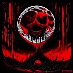 "The moon's so full it's spilling over, There ain't no hope in Hell || heavy metal Album cover aesthetic, red and black and white color scheme,; by Derek Riggs and Gerald Scarfe, surreal, sinister, profound, dramatic, horror, dark shine burn, atmosphere guided by N(t)=N0​⋅e−kt