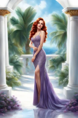 elegance, beautiful woman, 18 years old,front view, tiny, luxuriant, center, single luxuriant purple dress, red hair, render indoor palm, white background,32k, ultra high definition,realistic, white background, clipart, thomas kinkade, blushing, masterpiece, unique, breathtaking, Best Artist, Cinematography, Soft Lighting, Cute and well loved, Creative, Ultra detailed