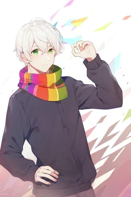 Anime style, Make the art more realistic in the anime version, man, Green eyes, Wearing a colorful scarf around your neck.