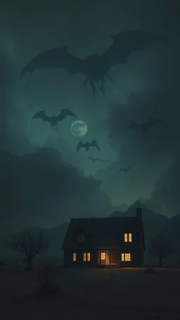A house in the desert at nigh with a scary sky filled with flying giants shadows creatures above in foggy skies and dim lights coming out of the windows of the house , a very scary scene out of this world