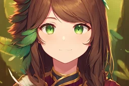 A highly detailed digital painting of a beautiful anime girl, long brown hair, green eyes, freckles, cute, lively, one with nature, feathers in hair, native, close up