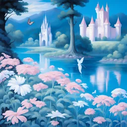 Dans l'avant-plan, des fleurs sauvages imposantes, désordonnées, sont entourées de grands arbres en fleurs aux teintes bleues, blanches et roses. Une étendue d'eau est agrémentée de papillons de grande taille, blancs ou roses, tandis qu'un château féerique et in nt se dresse en arrière-plan, offrant une qualité visuelle exceptionnelle et une représentation réaliste.