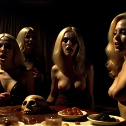 Horror movie shot, spooky, hot, ultra realistic, dine, ultra realistic hot blonde women, party, pieces of meat, organs, ail, dynamic, very excited people, they enjoy, hypermaximalist figures, light, 1970's Italian horror movie, sinister,, Dario Argento, Stanley Kubrik, ornate, 4k, photorealism