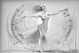 line drawing, of a beautiful realistic graceful dancing woman, made exclusively of music symbols, background is horizontal parallel lines like staffs and piano keys at bottom, symbols are discernible, overall exquisitely detailed, elegant, extremely intricate, high definition, dope, innovative, line art, contemporary art, fractal pencil drawing,