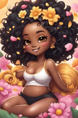 A sassy thick-lined airbrushed cartoon black chibi girl lounging lazily on her side, surrounded by flower petals. She has a golden lion tail curling playfully behind her curvy body. Looking up coyly, she grins widely, showing sharp lion teeth. Her poofy hair forms a mane framing her confident, regal expression.