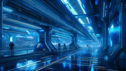 Una ciudad asiática hiperconectada articulada en torno al concepto de movilidad, explorada desde el render hiperrealista en estaciones elevadas, con estética high‑tech y lenguaje visual de larga exposición, hecha de acero y vidrio, en composición rítmica repetitiva, iluminada por neón azul, con paleta fría y atmósfera eléctrica.
