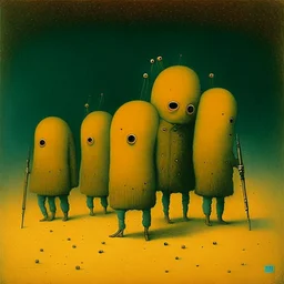 Style by Pawel Kuczynski and Squeak Carnwath and Zdzislaw Beksinski, dramatic '70s nightmare ultra sinister underground cartoon, shy anthropomorphic peanut men carrying guns,