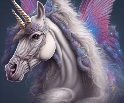 Portrait of unicorn, fantasy art, highly detailed, intricate color patterns on wings, soft studio lighting, background 64k