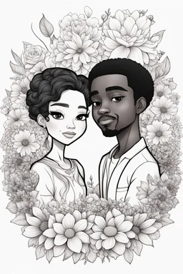 create a outlined coloring page of a chibi black characters of a male and female couple surrounded by flowers. Pay attention to the details of the faces and flowers and the emotions conveyed by the couple. White background, sketch style, half of body, use outline, Mandala style, clean line art, no shadows, no coloring, no shading, no grey.