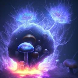 Spherical Frost metal magic armoured lightning glowing Mycelium MUSHROOM stars galaxy SPACE lANDSCAPE BURNING IN BLUE FLAMES hellfire abyss math chaos vivid cell