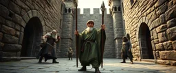 movie poster[Shot 6] An eight-second cinematic fantasy scene in an ancient stone courtyard of a Forgotten Realms castle, late afternoon. Begin with a low wide establishing shot moving slowly forward toward a young wizard in a weathered green cloak and his adventuring companions, a rugged barbarian and cautious ranger. Two goblins approach in the background. The camera gently arcs around the wizard as he raises his staff and confidently begins a summoning spell. poster