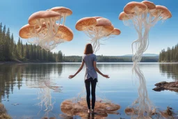 woman standing next to a lake looking at flying mushrooms, with jellyfish tenacles in a blue sky