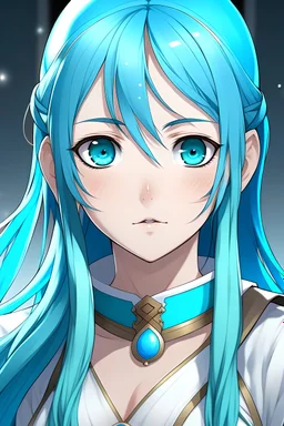 Sword art online, sao screenshot, female, turquoise hair, blue eyes, fantasy outfit, white and blue outfit,