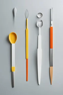 A creative collection of minimalist kitchen utensils with whimsical, impractical uses. There's a spatula shaped like a rocket ship, a rolling pin that transforms into a tiny car, a knife with a tiny sail, and an egg beater that turns into a helicopter. The utensils are designed with clean lines and simple shapes, adding a touch of humor to the otherwise functional kitchen setting.