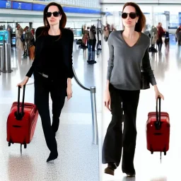 Angelina Jolie wearing jeans dancing in a airport realistic face full body