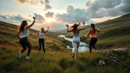 a group of young ladies in sports pants and blouse are dancing in high grassy hills,a small fall and river and flowers at river sides,cloudy sun set sky