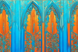 semi-abstract painting, triptych with 3 gothic_arab gates in blue, turquoise and orange