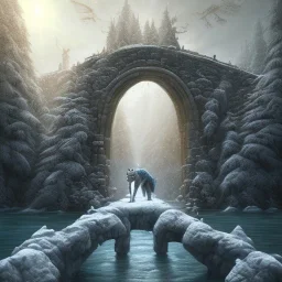 fantasy art of big wolf walking on very tight stone bridge over icy water, on the bridge is a mad wizard