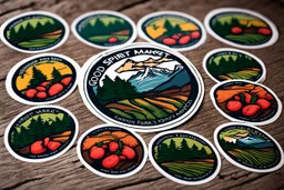 Stickers for a farmer's market "Good Spirit Market" in a national parks sticker style