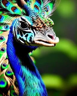 Close up photo of realistic exotic animal creature with the full head Fully covered with colores of the peacock , high quality, very detailed, masterpiece, 8k,uhd,vfx,artstation,very epic, perfect anatomy,beautiful environment ,