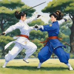 (in the style of Orion, by Masamune Shirow) Two women exercising with weapons to practicing the art of Tai Chi and Qigong in the park