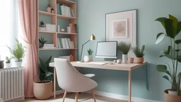 a tidy and cozy office with soft colors