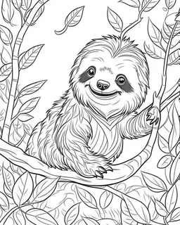 create a 2d black outline, "safari smiling cartoon sloth on a branch coloring book for kids", coloring page, low details design, black contour, coloring page design, simple background, colorful , card style, coloring page for kids, white background, sketch style, safari landscape, cartoon style