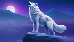 humanoid white wolf, standing on a snowy mountain, howling at the moon, blue and purple gradient night sky, foggy dusk
