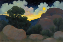 Night, clouds, trees, mountains, rocks, rodolphe wytsman impressionism paintings