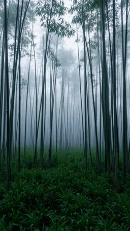 Field of bamboos gray trees in the swamp , dim light , foggy, sad, cloudy, atmosphere,