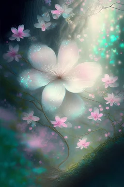 shimmering forest fairy tale, blossom flower, pastel