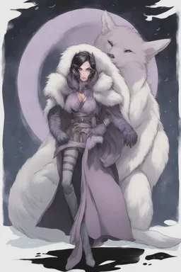 A dnd character sheet. A woman dressed for the cold north in black and white furs, with black hair and lilac eyes. Wolf pelt