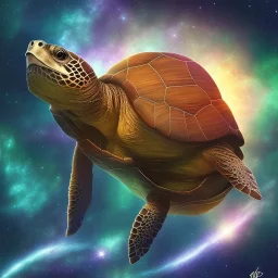 Digital art of a wise turtle, background = galaxy, stationary,