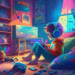 A boy is sitting on the sofa in his room listening to music with headphones, and his toys have come to life and are playing around him. A room full of joy and color, digital art, anime, 4k, full details, high resolution, cinematic