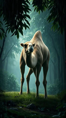 A camel standing in front of a dinosaur eating grass from the ground in a dramatic scene in a dense forest with A FIR BRUNCH under the rain. A camle The background should feature raindrops falling around the leaves.