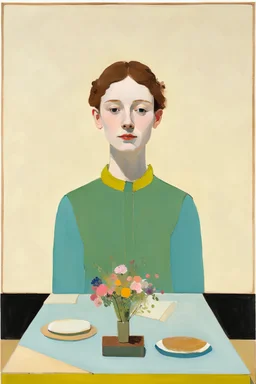 Euan Uglow, Loomis method facial planes, landscape background, table, mixed media, 3/4 portrait, happy woman, neon colors, flowers sprouting from chest, botanical elements, birthday cake