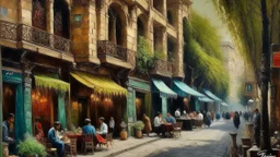 a street with cafe shops like Tehran. oil painting