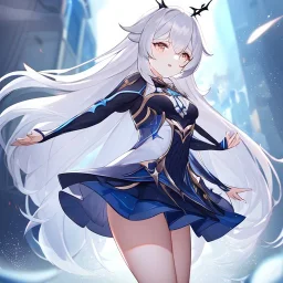 Clear focus, High resolution, Rough line, cute, cartoon style, white long hair, spiky hair, wearing a Honkai Impact Star Rail outfit, wearing a skirt