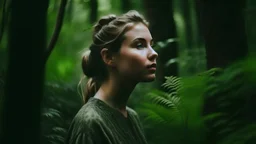 Cinematic Medium shot, young women standing in the forest holding plants, in the style of infused nature, video collages, made of veins, detailed face, dark green and white --style raw