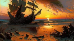 In the style of bob ross, thomas kadinskade and albert bierstadt a painting of a beach with an old ship wreck. Plants growing all over it. Intricate details, dramatic sunset, beautiful