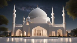 Hyper Realistic Beautiful-Decorated-Huge-Grey-Brick-Mosque with white-marble-flooring & Beautiful-Lighting-Decorations at night with stars on sky & beautiful trees