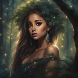 Painting of a beautiful girl, beautiful, pretty face, young girl, fantasy art, Ariana Grande's face, dream, trees, forest, dark night, song, glitters background, fantasy