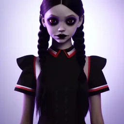 Jenna ortega with wednesday addams black dress,soft goth libstick, wednesday addams make up, dramatic lighting, highly detailed, volumetric lighting, unreal engine, 8k