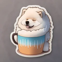 Make a sticker of Fluffy samoyed hugging a cup of steaming coffee.