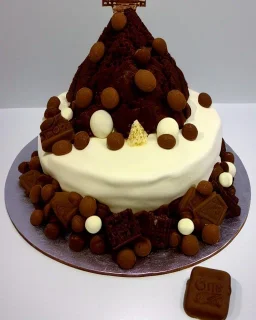 Matterhorn model made of chocolate cake and biscuits and maltesers