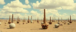 Strange spindle-shaped objects of various shapes, scattered over an arid wasteland, clouds, Max Ernst, Audubon, Amano, Walton Ford, Yves Tanguy, bright colours, polaroid, 8k, 3d, 33mm photography, well defined